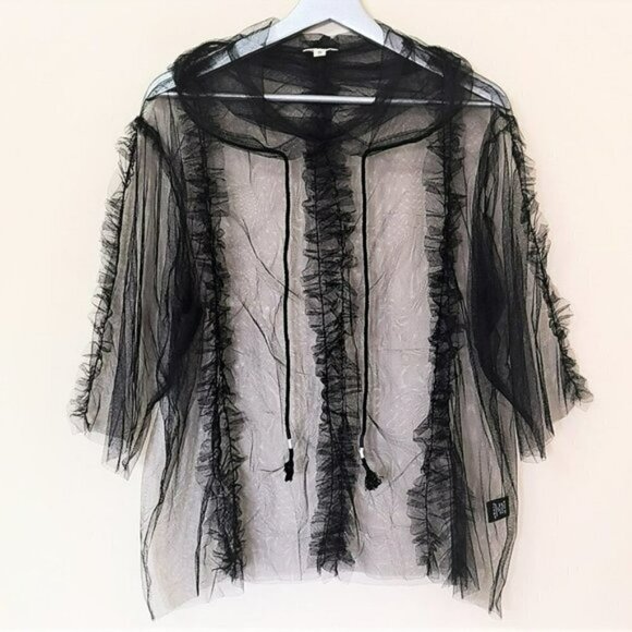 NWT POL Shear Mesh Ruffle Trim Hooded Top Blouse - Picture 5 of 6